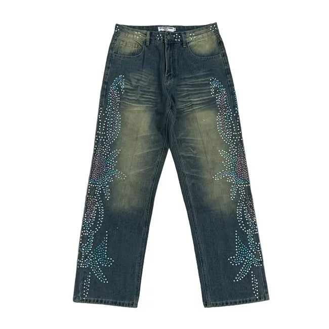 Vale Forever Rhinestone Floral Pattern Oversized Blue Denim Jeans Hover Image