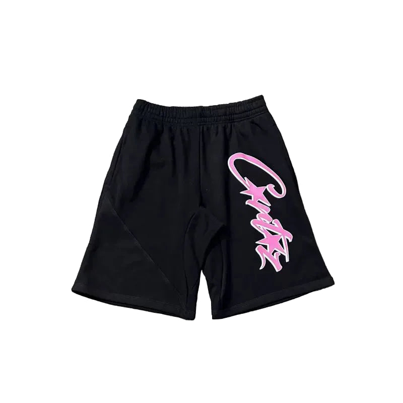 Corteiz Signature Script Logo Heavyweight Shorts - Pink Print black