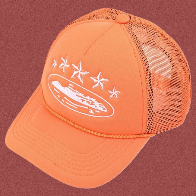 Corteiz Vintage Orange Trucker Hat with White Stars and Cruise Ship Graphic Hover Image