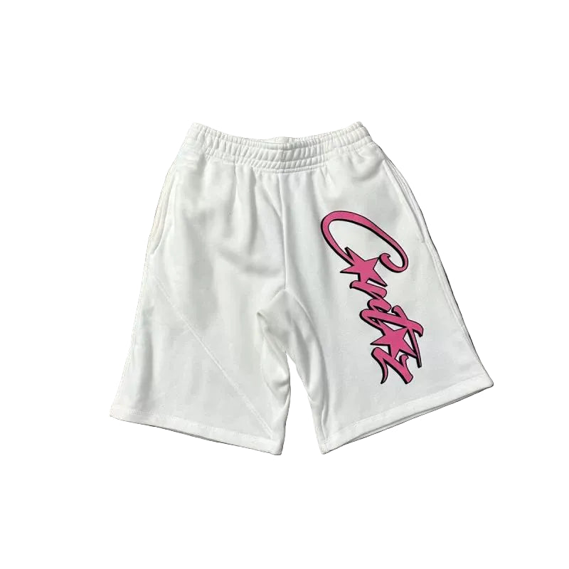 Corteiz Signature Script Logo Heavyweight Shorts - Pink Print white