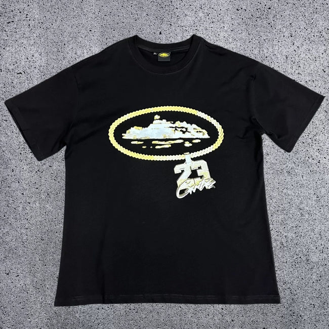 Corteiz Gold Chain & "23" Pendant Logo T-Shirt - Black Streetwear Tee Hover Image