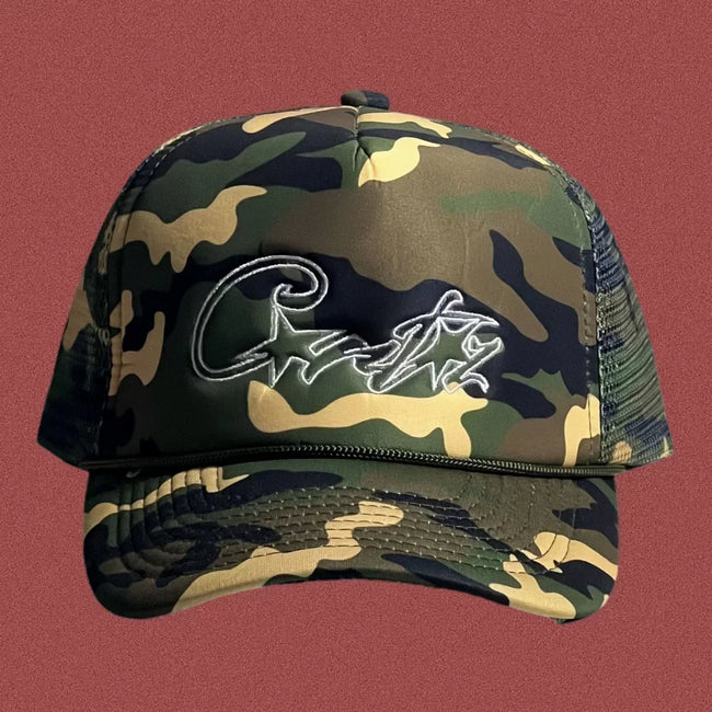 Corteiz Vintage Camo Trucker Hat with Signature Script Logo Hover Image